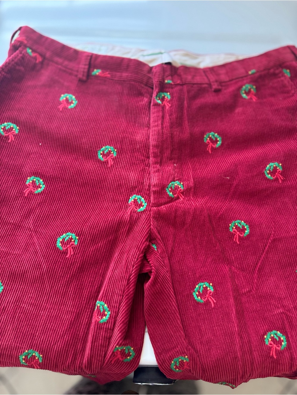 Orvis Christmas Corduroy Pants with Green Wreath Embroidery